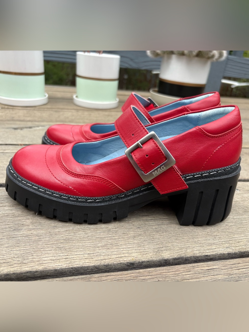 New MAG Red Leather Mary Jane Platform Heels Retro